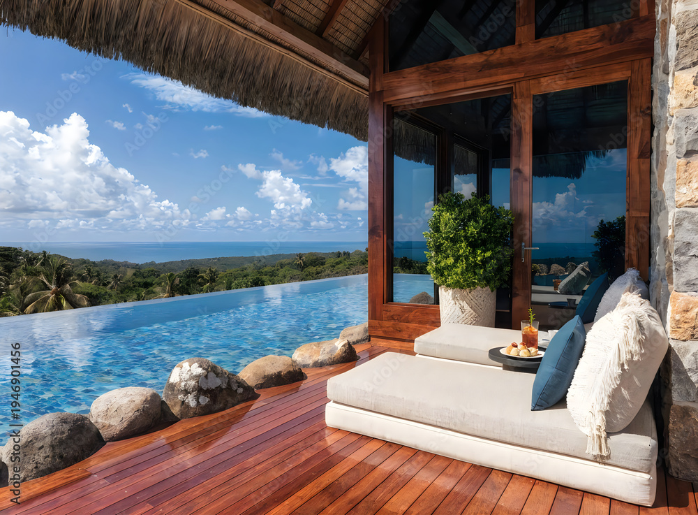 Fototapeta premium Luxurious outdoor lounge area with infinity pool overlooking tropical landscape and ocean