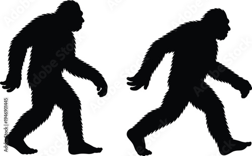 Silhouette of Bigfoot creatures walking, mythical Sasquatch figures, cryptozoology folklore, hairy ape-like monster, mysterious wildlife, fantasy legend illustration design