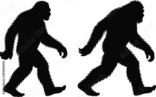 Silhouette of Bigfoot walking, ape-like creature figures, cryptozoology concept, mythical Sasquatch, folklore illustration, mysterious wildlife, fantasy monster design