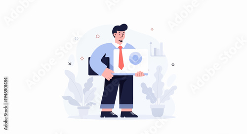 Person in suit holding a presentation board with charts, plants, and abstract shapes