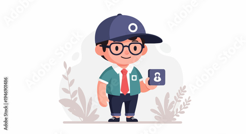 Cartoon boy in glasses and cap holding a block with the number eight
