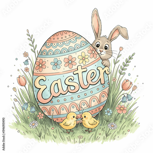 easter egg with bunny and chicks, colorful illustration for easter cards and decorations with flowers on white background