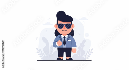 Animated character in a suit and sunglasses gives a thumbs up with a smile