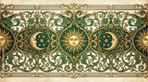 Vintage celestial border with sun moon and star motifs in green and gold ornate victorian filigree pattern