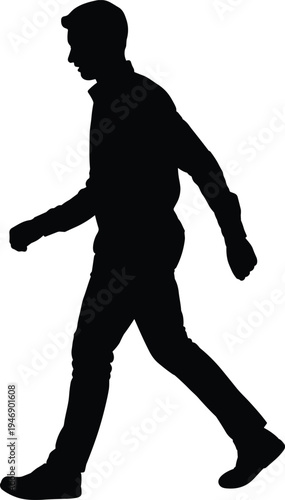 Silhouette of man walking left side, dynamic stride posture, minimal design, motion concept, business person, urban lifestyle, vector illustration
