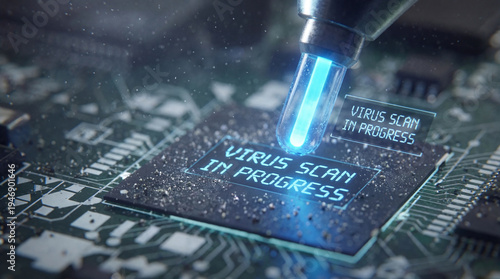 Computer chip virus scan in progress with digital glowing display macro closeup