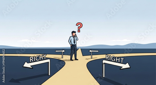 Man at crossroads with question.