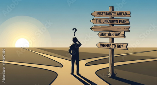 Man at crossroads with question.