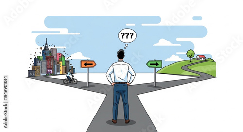 Man at crossroads with question.