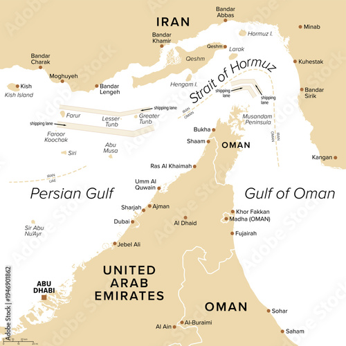 Shipping lanes of the Strait of Hormuz, political map. Sea passage from Persian Gulf to Gulf of Oman into the open ocean. Strategically important choke points for shipping oil and natural gas. Vector