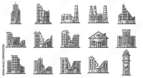 Collection of Damaged Buildings and Structures in Sketch Style.