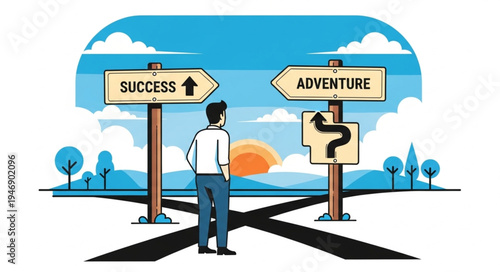 Man at crossroads with signs.