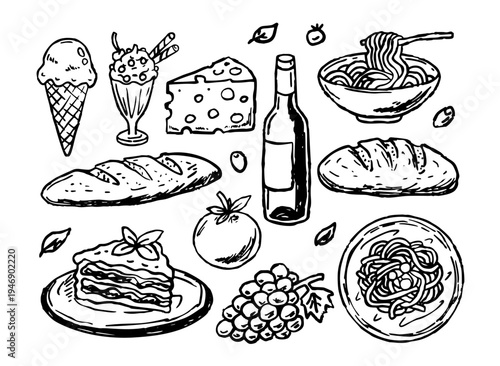 Food doodle set, hand drawn bakery and wine collection, kitchen whimsical brushstroke kit. Bread cheese lasagna vintage art, restaurant menu elements. Grocery harvest, organic food doodle bundle