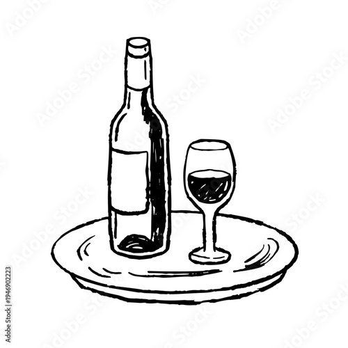 Wine bottle glass tray, ink doodle alcohol set, hand drawn drink service beverage sketch. Wine bottle restaurant dinner decor, grape drink celebration art, catering party line print.