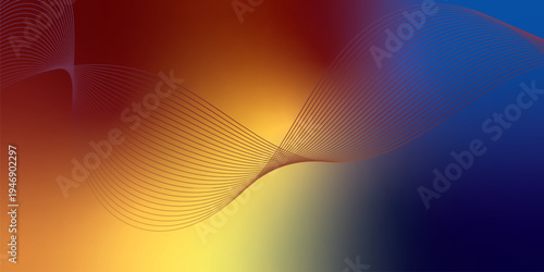 Radiant marron, yeallow, and navy blue light waves bending smoothly across a deep shadowed backdrop filled with shimmering micro sparkles, modern futuristic technology theme, vector illustration.