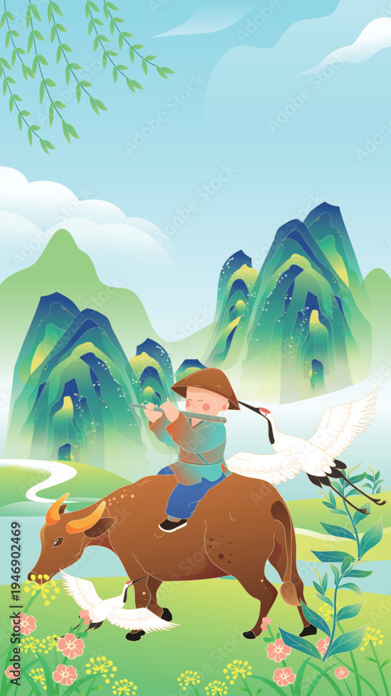 Fototapeta premium A young cowherd riding a buffalo and playing the flute during Qingming Festival