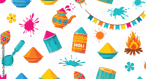 Holi festival elements set with colors powder water gun paint splash bonfire drum flags traditional celebration flat vector illustration