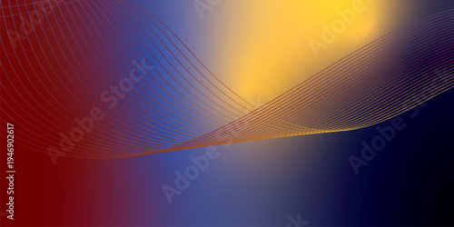 Radiant marron, yeallow, and navy blue light waves bending smoothly across a deep shadowed backdrop filled with shimmering micro sparkles, modern futuristic technology theme, vector illustration.