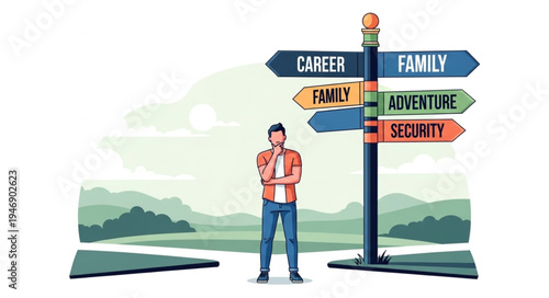 Man at crossroads sign post.