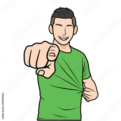Vector illustration of a man pointing forward, choosing you with determination. Green t-shirt for green screen.