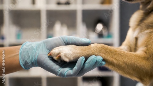 Veterinarian Holding Dog Paw in Clinic Examination Room