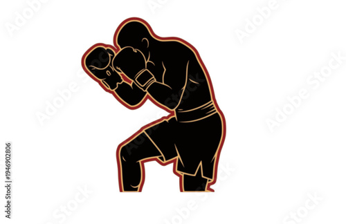 Boxer in Tight Defensive Guard Crouched Stance Silhouette, Professional Fighter Resilience Vector Sticker, Combat Sports Cover Up Icon