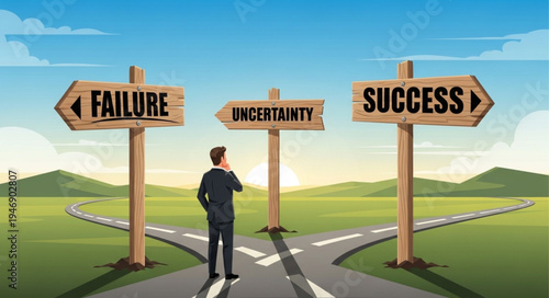 Man at Crossroads of Success.