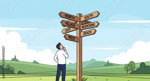 Man at crossroads sign post.