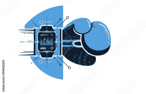 Data Driven Boxer Gloved Hand with Smart Watch Silhouette, Future Sports Technology Vector Sticker, Modern Analytics Performance Icon