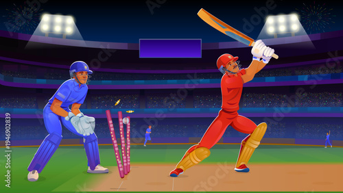 Cricket Match at Night Stadium, Cricket Players Playing Night Match in Floodlit Stadium