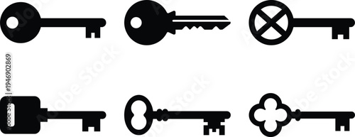 House and door key silhouettes collection, security lock access symbols, modern and vintage key icons black flat vector illustration