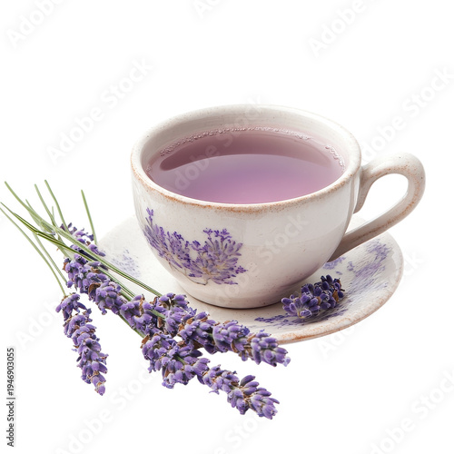 Lavender tea served in a floral cup with fresh lavender sprigs on a white background