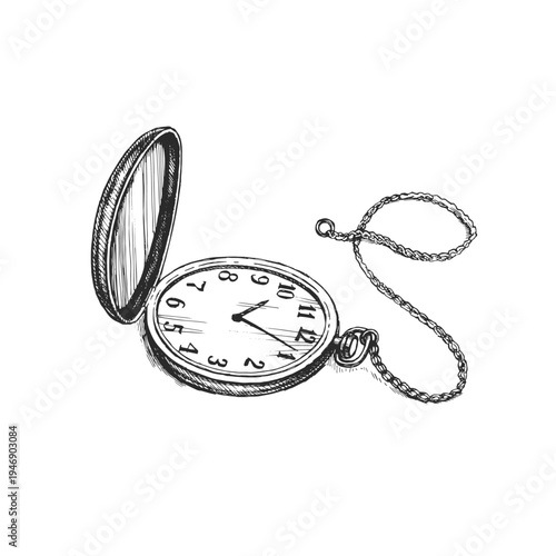 Vintage vector pocket watch sketch. Detailed hand drawn antique timepiece with chain. Dark academia aesthetic ink illustration.