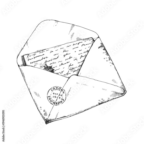 Vintage open envelope with old letter sketch. Detailed hand drawn antique mail with postmark and handwritten text. Dark academia aesthetic ink illustration.