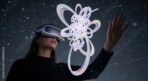 Person wearing headset interacts with holographic art.