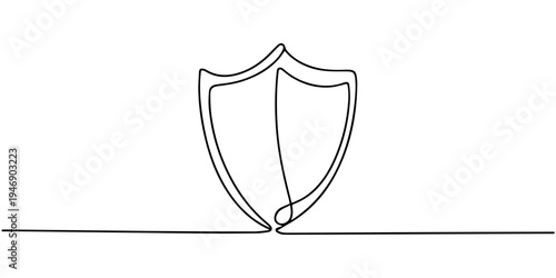 Safety shield continuous one line drawing, Minimalist continuous one-line drawing of a shield with white background, Shield single line art vector illustration, shield check mark line drawing.