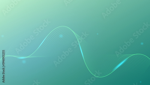 エメラルドグリーンのグラデーション背景に浮かぶ光のデジタルウェーブライン・未来テクノロジーとデータネットワークを表現した抽象背景