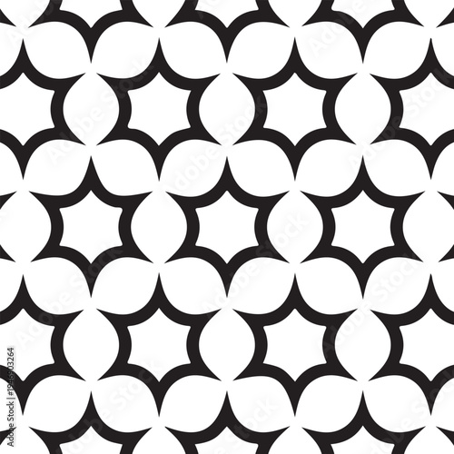 Black quatrefoil lobes interlock to form a rhythmic scalloped lattice grid.