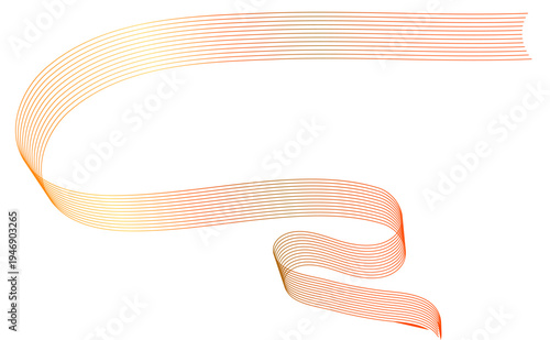 オレンジからゴールドへ滑らかに変化する流線型ラインが空間を描く抽象ウェーブデザイン背景素材、ミニマルでモダンな曲線ストライプのフューチャリスティックグラフィック
