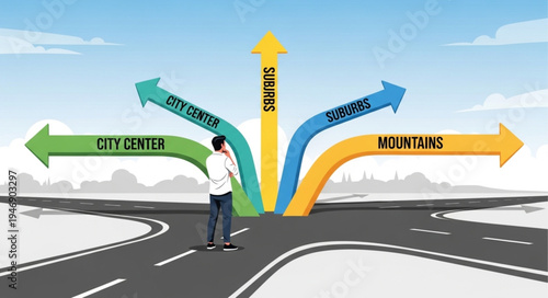Man at crossroads with arrows.