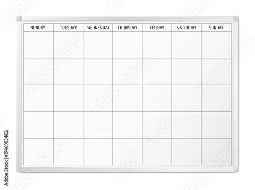 Weekly magnetic planner whiteboard mockup. Vector illustration isolated on white background. Can be use for template your design, presentation, promo, ad. EPS10.