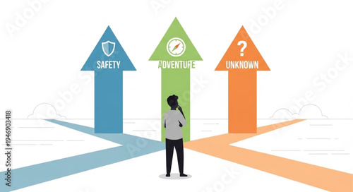 Man at crossroads with arrows.