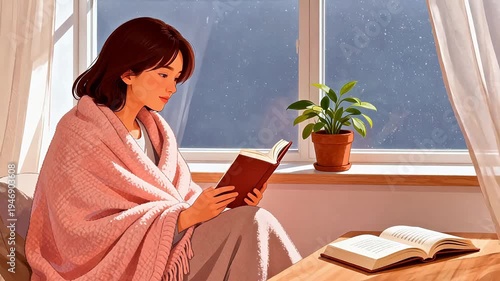Woman reading book by window
