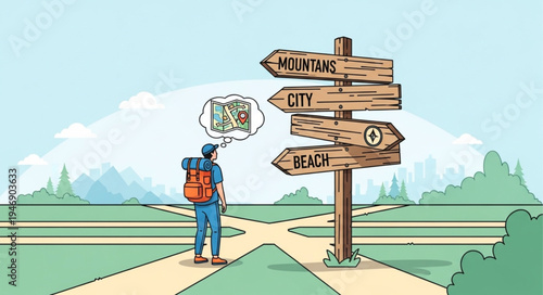 Man at crossroads with backpack.