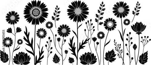 Wildflower silhouette collection featuring daisies, lotus flowers, meadow plants, floral branches with leaves, elegant garden vector icons set for decoration, tattoo.