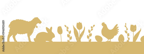 golden banner with easter animals, tulips, catkins and eggs- vector illustration