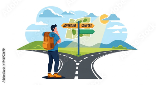 Man at crossroads with backpack.