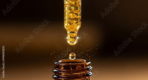 Golden liquid drips from a dropper into a glass bottle.