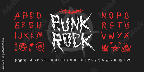 Punk Rock type font with grunge alphabet, doodle signs and symbols. Street Art crazy type font with Punk and  Rock'n'Roll style elements set for tee print and textile design. Editable vector