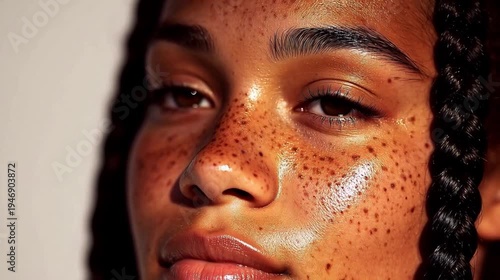 Closeup of womans face with freckles